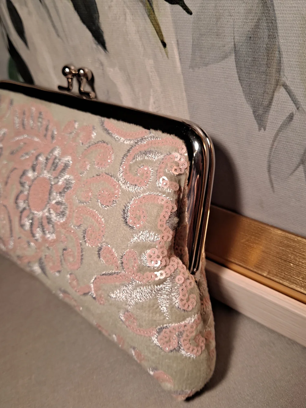 Daughters Of The American Revolution Vintage Sequin Floral Pink Green Silver Bag